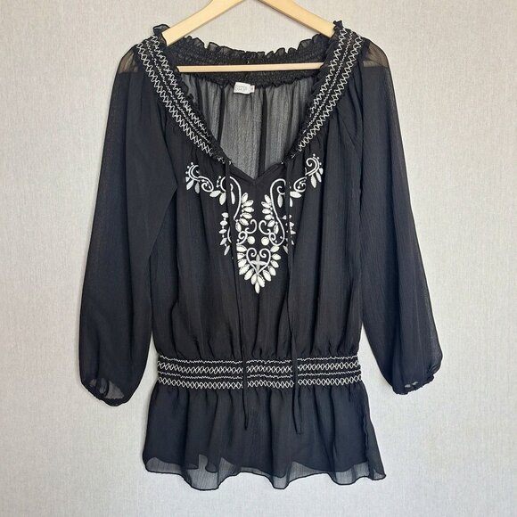 💙 Charming Charlie Sheer Blouse Smocked Waist Size M/L Boho Y2K Cottage Hippie - Picture 8 of 8